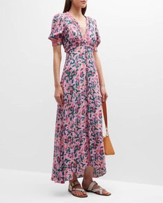 Длинное платье с пышными рукавами и цветочным принтом Lea Saloni