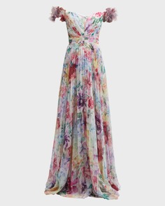 Плиссированное платье с открытыми плечами и цветочным принтом Marchesa Notte