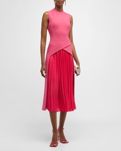 Платье миди из смесовой шерсти с плиссированной деталью Oscar de la Renta