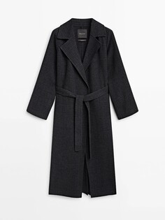Длинное пальто-халат из смесовой шерсти в клетку, темно-серый Massimo Dutti