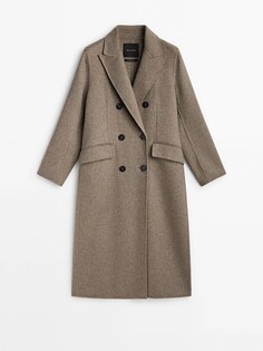 Длинное двубортное пальто из смесовой шерсти Massimo Dutti, коричневый
