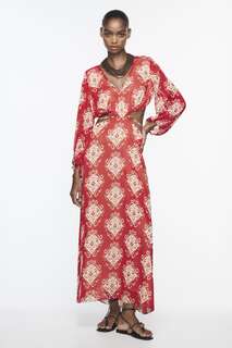 Платье миди с принтом с декоративным отверстием Zara, экрю/бордовый