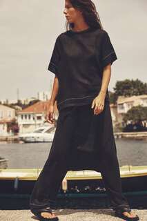 Рубашка из льна с контрастной вышивкой Zara, черный