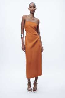 Платье миди из смешанного льна Zara, оранжевый