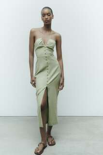 Платье миди из смешанного льна Zara, светло-зеленый