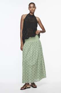 Длинная юбка с принтом Zara, зеленый / экрю