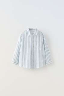 Рубашка из льна в полоску Zara, синий/белый