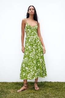 Платье миди с принтом с вырезами Zara, зеленый / экрю