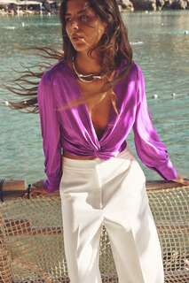 Атласная рубашка с узлами Zara, фиолетовый