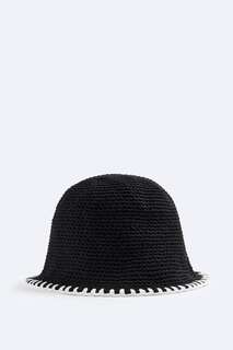 Вязаная шапка-ведро крючком с деталями контрастного цвета Zara, черный