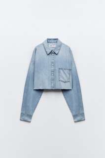 Укороченная рубашка из денима trf Zara, синий