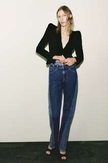 Контрастные джинсы zw прямого кроя с высокой посадкой Zara, синий