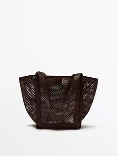 Сетчатая сумка-шоппер с деталями из кожи наппа Massimo Dutti, коричневый