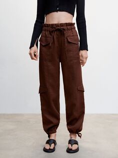 Льняные брюки карго Mango Arlo, темно-коричневые