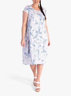 Льняное платье-миди chesca Curve с цветочным принтом, синий/белый