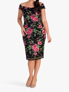 Платье-миди с цветочной вышивкой chesca, черный/розовый