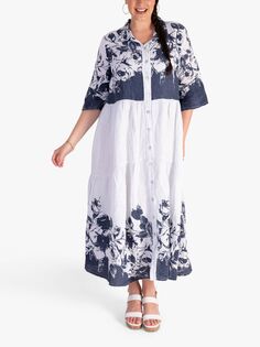 Льняное платье-рубашка chesca Curve с цветочным принтом, темно-синий/белый