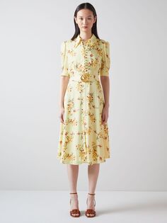 LKBennett Amor Платье-миди с цветочным принтом, бледно-желтый/мульти L.K.Bennett