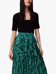 Многоярусная юбка-миди с акварельным принтом Wildcat Whistles, зеленый/разноцветный