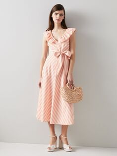 Платье миди в полоску с рюшами LKBennett Shenyu, розовый/кремовый L.K.Bennett