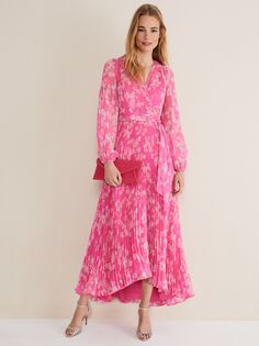 Платье макси с плиссировкой и цветочным принтом Phase Eight Hayley, неоново-розовый
