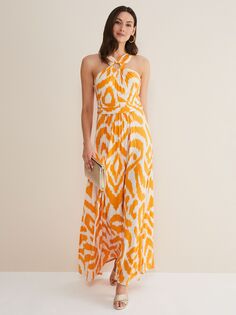 Платье макси Phase Eight Maude с воротником халтер, оранжевый/кремовый