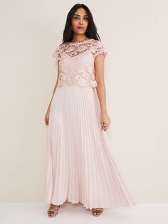 Платье макси с кружевным лифом и плиссировкой Phase Eight Petite Michelle, цвет Antique Rose