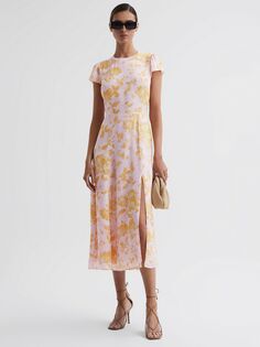 Платье миди с открытой спиной Reiss Livia, розовый/желтый