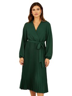 Плиссированное платье миди с длинными рукавами и запахом Yumi Mela London, зеленое