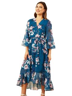 Платье миди Yumi с акварельным цветочным принтом, бирюзовый