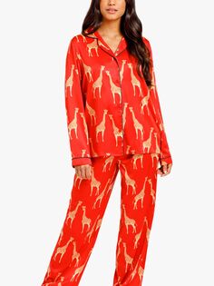 Пижамный комплект с атласной рубашкой Chelsea Peers Giraffe, красный