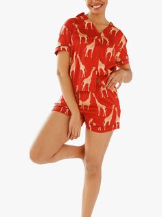 Атласный короткий пижамный комплект Chelsea Peers Giraffe, красный