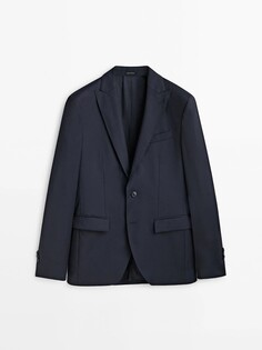 Однотонный костюмный пиджак из смесовой шерсти синего цвета Massimo Dutti, темно-синий
