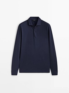 Рубашка-поло из микротекстурированного хлопка с длинными рукавами Massimo Dutti, синий