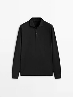 Рубашка-поло из микротекстурированного хлопка с длинными рукавами Massimo Dutti, черный