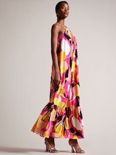 Платье макси из льна Ted Baker Ikella, ярко-розовый/мульти