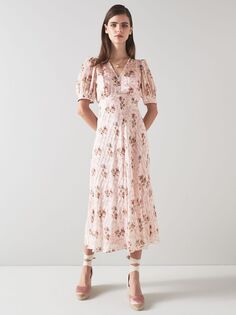 LKBennett Leith Шелковое платье-миди с цветочным принтом и полосками, бледно-розовый/мульти L.K.Bennett