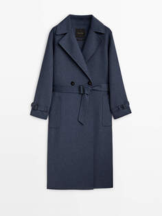 Пальто Massimo Dutti Double-Buttoned Wool Blend Robe, синий