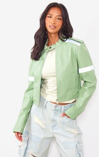 PrettyLittleThing Зеленая укороченная куртка-борцовка из искусственной кожи Petite Sage