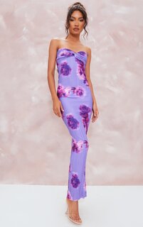 PrettyLittleThing Пурпурное платье-бандо с плиссированным узлом и размытым цветочным принтом