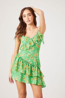 Мини-платье с оборками и цветочным принтом Forever 21, зеленый