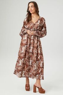Платье макси с крестьянскими рукавами и принтом листьев Forever 21, коричневый