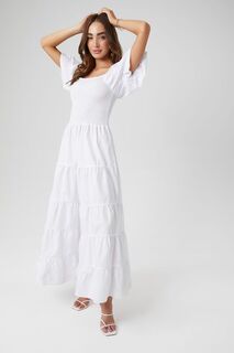 Многоярусное платье макси с пышными рукавами Forever 21, белый