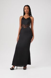 Атласное платье макси с кружевной отделкой Forever 21, черный