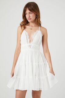 Многоярусное мини-платье с глубоким вырезом и завязкой на спине Forever 21, белый