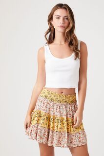Многоярусная мини-юбка в стиле пэчворк с цветочным принтом Forever 21, серо-коричневый