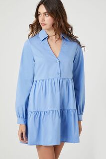 Многоярусное мини-платье-рубашка из поплина Forever 21, синий