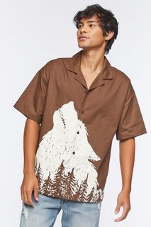 Рубашка на пуговицах из саржи с изображением волка Forever 21, коричневый