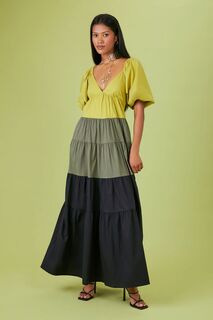 Многоуровневое платье макси с цветными блоками Forever 21, оливковый