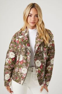 Мото куртка из саржи с цветочным принтом Forever 21, оливковый